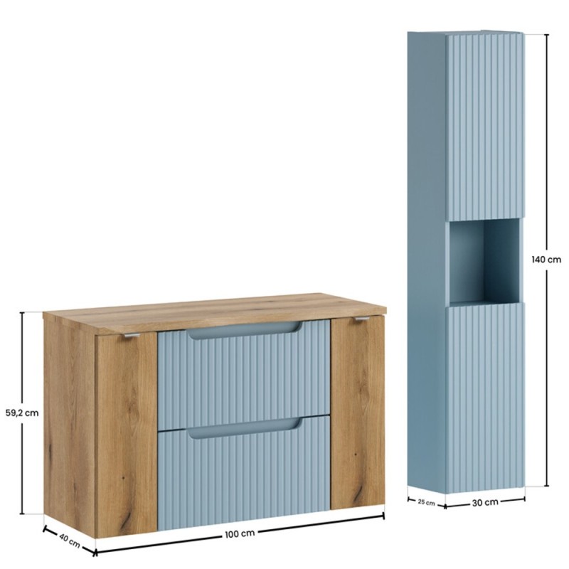 Set mobilier de baie Nova Denim, MDF, PAL melaminat, denim/stejar evoke, blat stejar evoke, L.100 cm, dulap inalt H.140 cm, SET-NOD B NAT OAK 100CM S HC