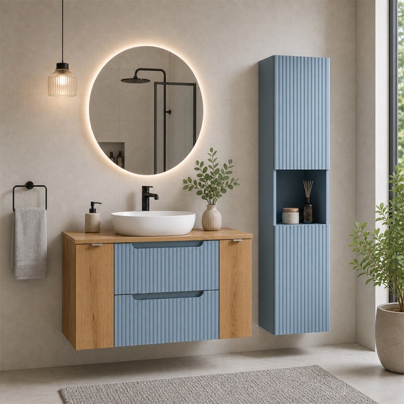 Set mobilier de baie Nova Denim, MDF, PAL melaminat, denim/stejar evoke, blat stejar evoke, L.100 cm, dulap inalt H.140 cm, SET-NOD B NAT OAK 100CM S HC