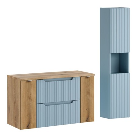 Set mobilier de baie Nova Denim, MDF, PAL melaminat, denim/stejar evoke, blat stejar evoke, L.100 cm, dulap inalt H.140 cm, SET-NOD B NAT OAK 100CM S HC
