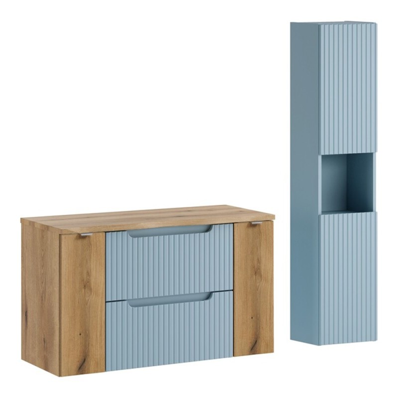 Set mobilier de baie Nova Denim, MDF, PAL melaminat, denim/stejar evoke, blat stejar evoke, L.100 cm, dulap inalt H.140 cm, SET-NOD B NAT OAK 100CM S HC