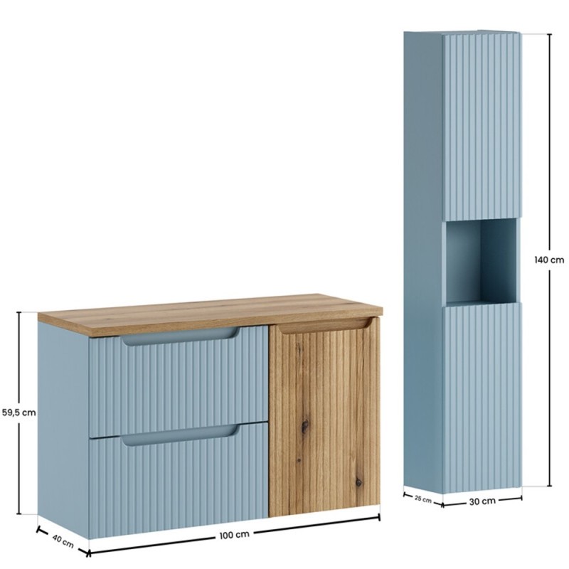 Set mobilier de baie Nova Denim, MDF, PAL melaminat, denim/stejar evoke, blat stejar evoke, L.100 cm, dulap inalt H.140 cm, SET-NOD B OAK 100CM S LB HC