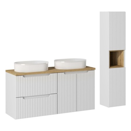 Set mobilier de baie Nova White, MDF, PAL melaminat, alb, blat stejar evoke, L.120 cm, lavoare Beyond, dulap inalt H.140 cm, SET-NOW B OAK 120CM S UN BEYOND 5 WH HC