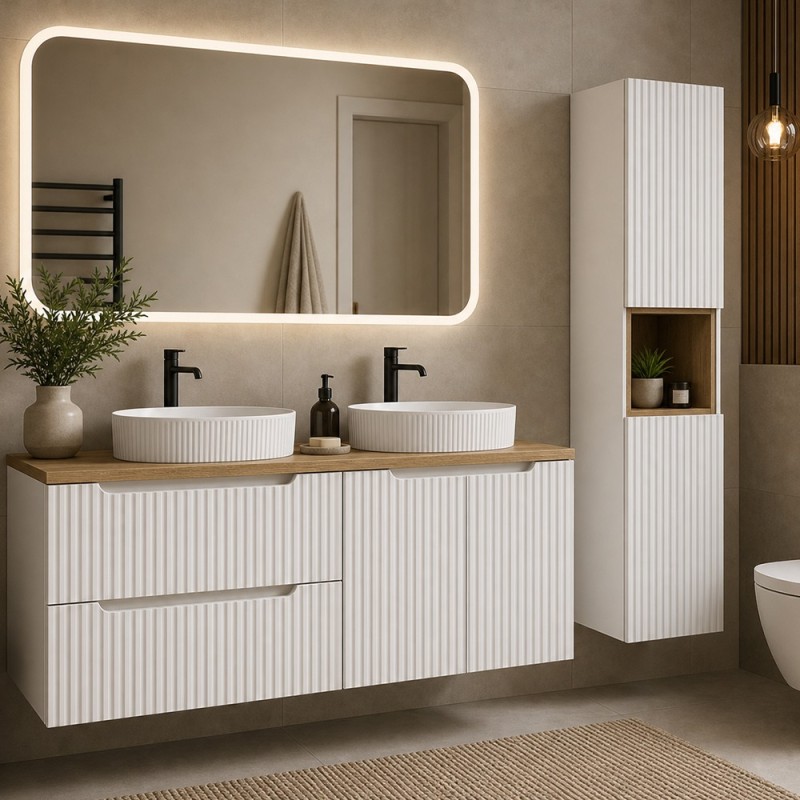 Set mobilier de baie Nova White, MDF, PAL melaminat, alb, blat stejar evoke, L.120 cm, lavoare Beyond, dulap inalt H.140 cm, SET-NOW B OAK 120CM S UN BEYOND 5 WH HC