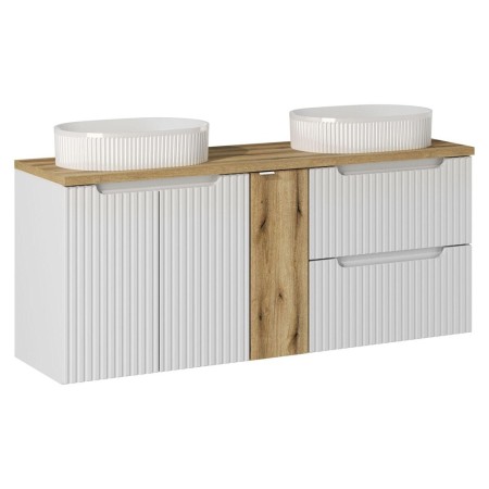 Set mobilier de baie Nova White, MDF, PAL melaminat, alb, blat stejar evoke, L.140 cm, lavoare Beyond, SET-NOW B OAK 140CM S / D UN BEYOND 5 WH