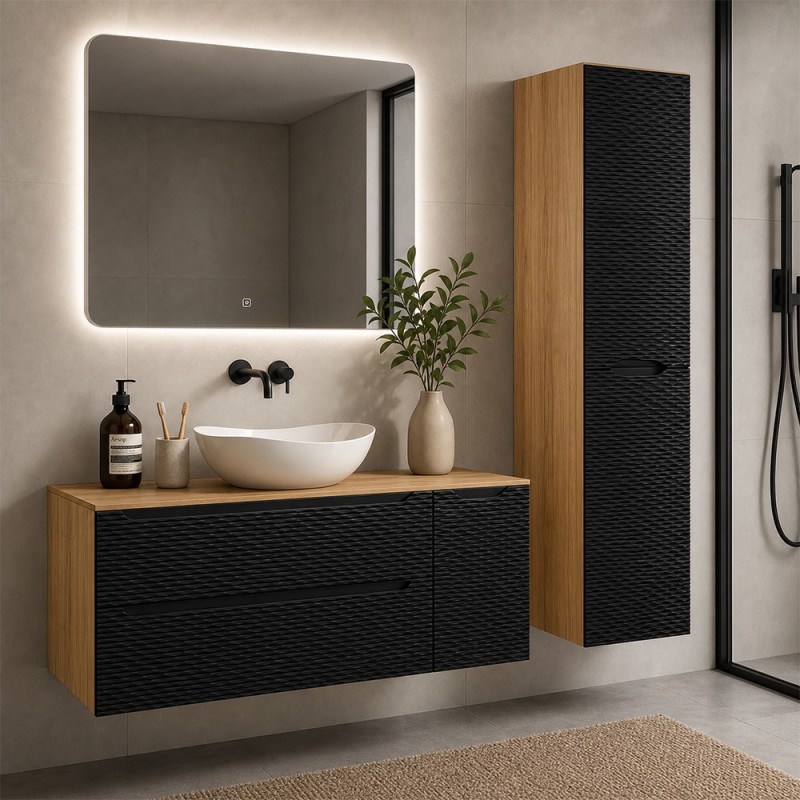 Set mobilier de baie Ocean Black, MDF, PAL melaminat, negru mat/stejar uleiat, blat stejar uleiat, L.120 cm, lavoar Cloud, dulap inalt H.170 cm, SET-OCBL B 120CM S UN CLOUD HC2D