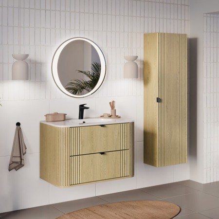 Set mobilier de baie Ovalia Cremona, MDF, PAL melaminat, stejar cremona, lavoar Pure, L.80 cm, dulap inalt H.140 cm, SET-OVC 80CM UM PURE HC