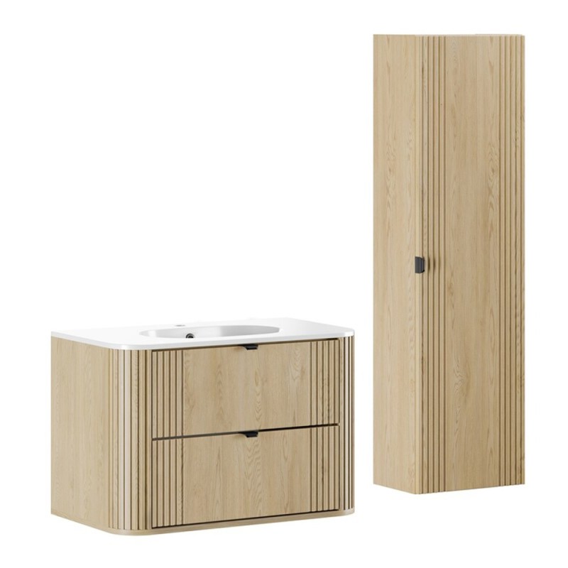 Set mobilier de baie Ovalia Cremona, MDF, PAL melaminat, stejar cremona, lavoar Pure, L.80 cm, dulap inalt H.140 cm, SET-OVC 80CM UM PURE HC