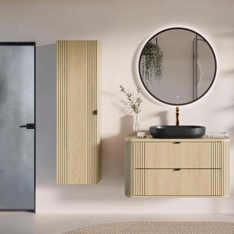 Set mobilier de baie Ovalia Cremona, MDF, PAL melaminat, stejar cremona, blat stejar cremona, L.100 cm, lavoar River, dulap inalt H.140 cm, SET-OVC B CREMONA 100CM UN RIVER BM HC