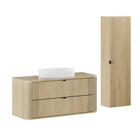 Set mobilier de baie Ovalia Cremona, MDF, PAL melaminat, stejar cremona, blat stejar cremona, L.120 cm, lavoar Beyond, dulap inalt H.140 cm, SET-OVC B CREMONA 120CM UN BEYOND WH HC