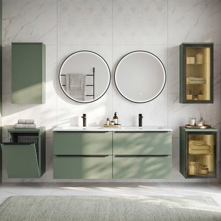 Set mobilier de baie Sombra Green, PAL melaminat, verde olive, lavoar Fly, L.140 cm, set oglinzi LED, SET-SOG 140CM FLY LU
