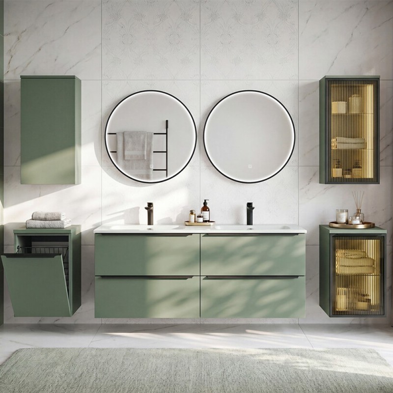 Set mobilier de baie Sombra Green, PAL melaminat, verde olive, lavoar Fly, L.140 cm, set oglinzi LED, SET-SOG 140CM FLY LU