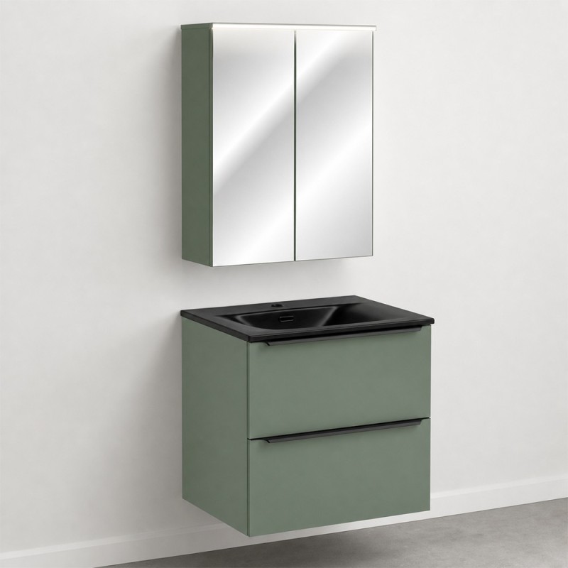 Set mobilier de baie Sombra Green, PAL melaminat, verde olive, lavoar Sky, L.60 cm, dulap cu oglinda suspendat, SET-SOG 60CM SKY MC