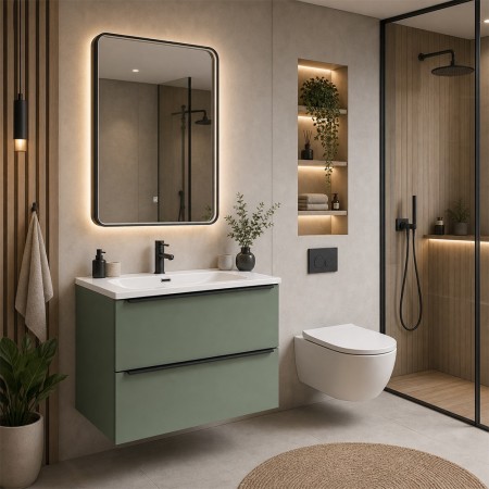 Set mobilier de baie Sombra Green, PAL melaminat, verde olive, lavoar Fly, L.80 cm, oglinda LED, SET-SOG 80CM FLY LU