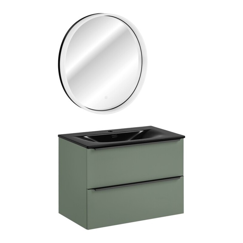 Set mobilier de baie Sombra Green, PAL melaminat, verde olive, lavoar Sky, L.80 cm, oglinda LED, SET-SOG 80CM SKY LU