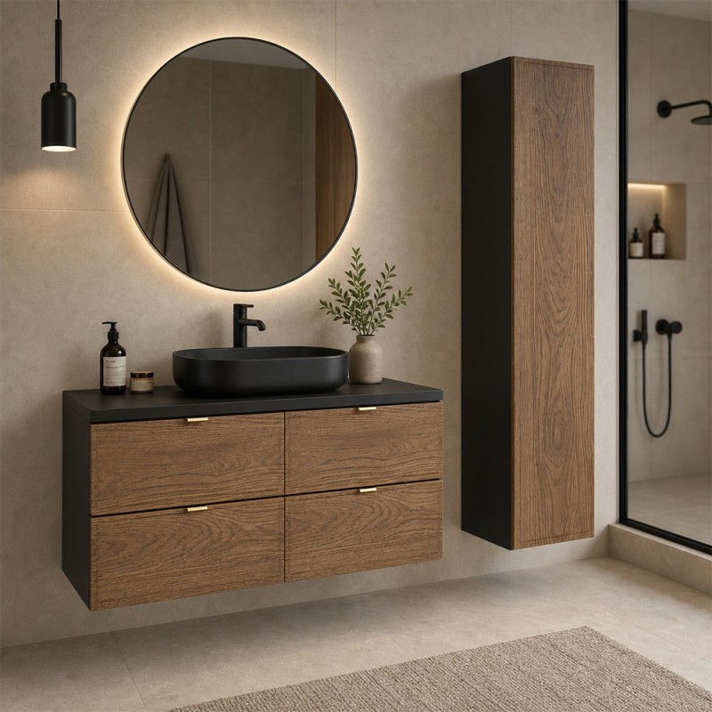 Set mobilier de baie Talia Casella, MDF, PAL melaminat, negru mat/stejar casella, blat negru mat, L.120 cm, dulap inalt H.140 cm, SET-TC B BLACK 120CM HC