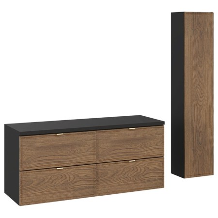 Set mobilier de baie Talia Casella, MDF, PAL melaminat, negru mat/stejar casella, blat negru mat, L.120 cm, dulap inalt H.140 cm, SET-TC B BLACK 120CM HC