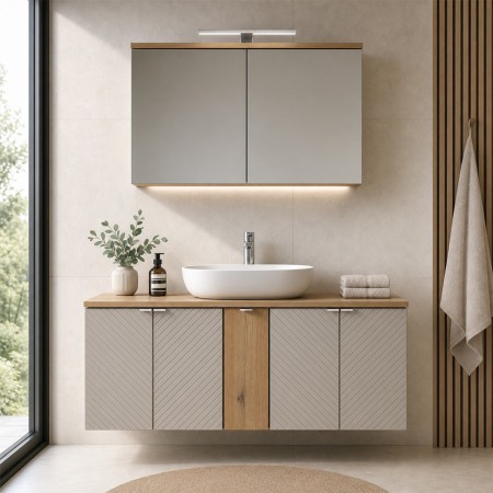 Set mobilier de baie Viva Cashmere, MDF, PAL melaminat, cashmir mat, blat stejar evoke, L.140 cm, SET-VIC B OAK 140CM D