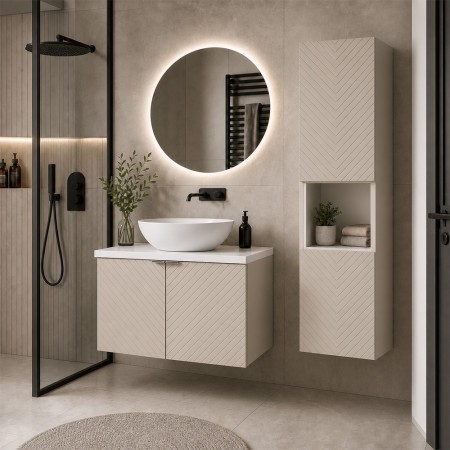 Set mobilier de baie Viva Cashmere, MDF, PAL melaminat, cashmir mat, blat alb mat, L.60 cm, lavoar Lola, dulap inalt H.140 cm, SET-VIC B WHITE 60CM D UN LOLA GW HC