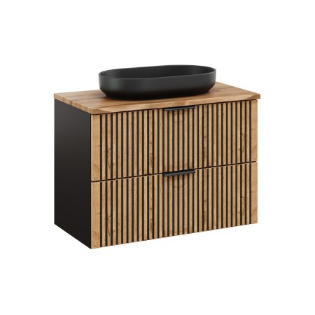Set mobilier de baie Xilo, MDF, PAL melaminat, gri antracit/stejar wotan, blat stejar wotan, L.80 cm, lavoar River, SET-XIL B NAT WOTAN 80CM UN RIVER