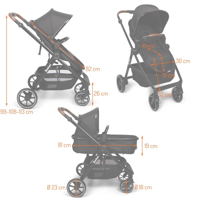 Carucior 3 in 1 Adria, metal, plastic, polester, negru, L.63 cm, BNBK000042-BK