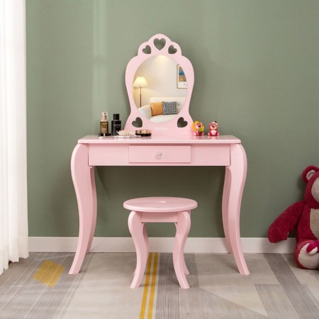 Masa de toaleta cu taburet pentru copii Liona Rosa, MDF, roz, H.105 cm, BNBK000063-UN