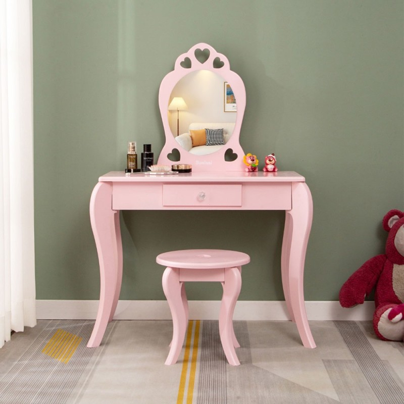 Masa de toaleta cu taburet pentru copii Liona Rosa, MDF, roz, H.105 cm, BNBK000063-UN