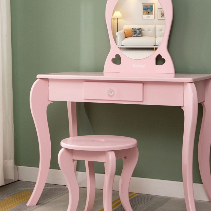 Masa de toaleta cu taburet pentru copii Liona Rosa, MDF, roz, H.105 cm, BNBK000063-UN