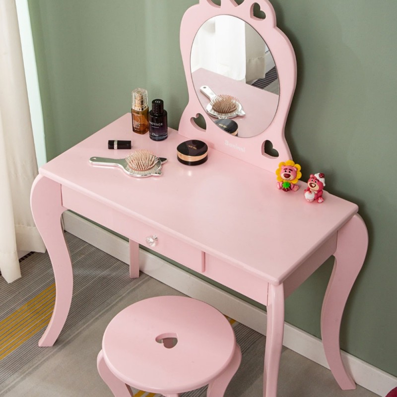 Masa de toaleta cu taburet pentru copii Liona Rosa, MDF, roz, H.105 cm, BNBK000063-UN