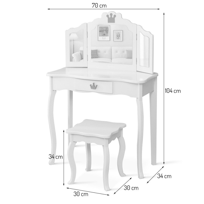 Masa de toaleta cu taburet pentru copii Silvi, MDF, alb, H.104 cm, BNBK000066-UN
