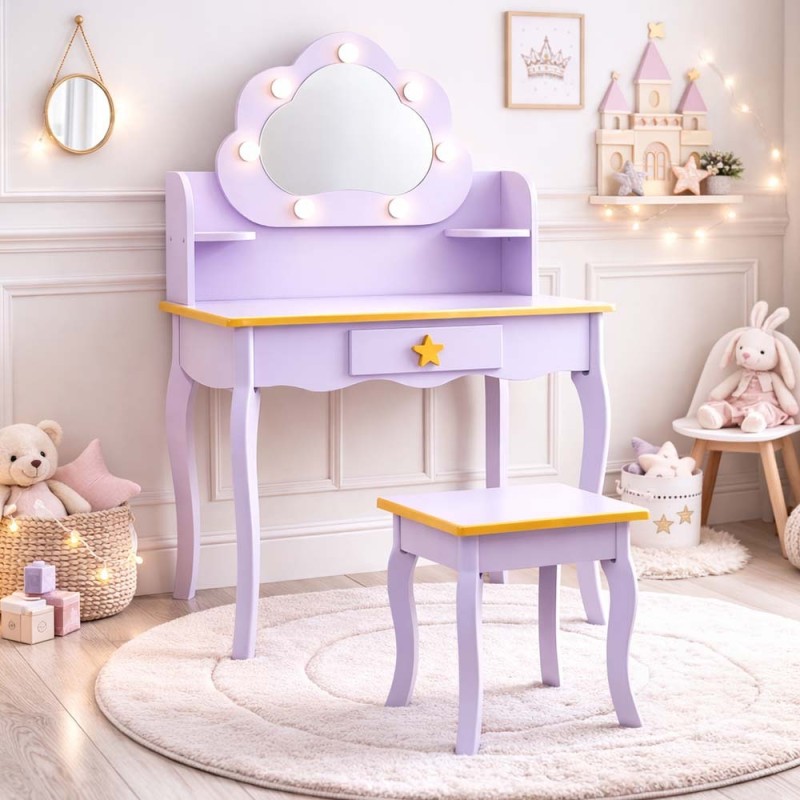 Masuta de toaleta iluminata cu taburet Cloudy Rosa, MDF, violet, H.110 cm, BNBK000073-PP