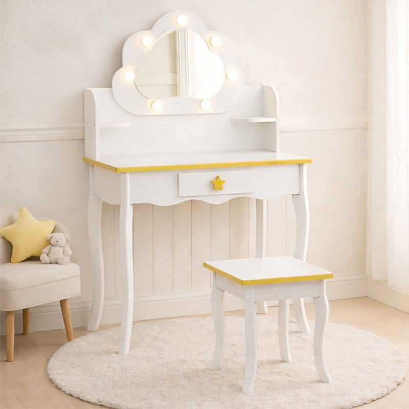 Masuta de toaleta iluminata cu taburet Cloudy Rosa, MDF, alba, H.110 cm, BNBK000073-WH