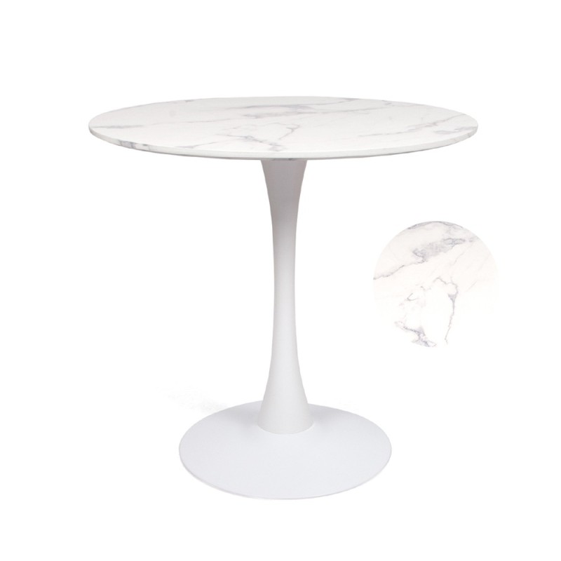 Masa dining Praga, metal, MDF melaminat, aspect marmura, alba, D.80 cm, MIFU000007-BKWH