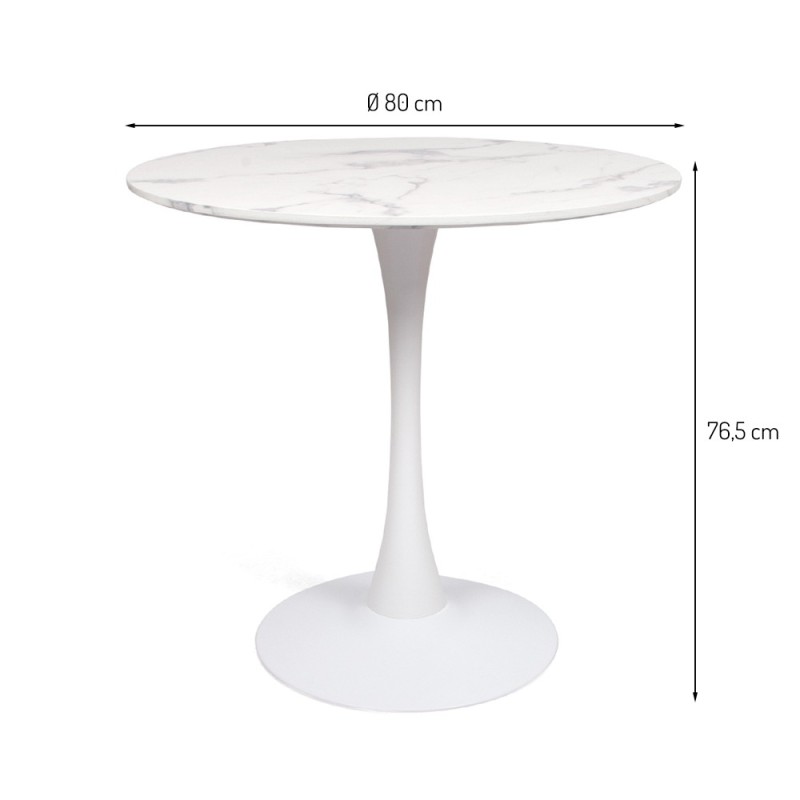 Masa dining Praga, metal, MDF melaminat, aspect marmura, alba, D.80 cm, MIFU000007-BKWH