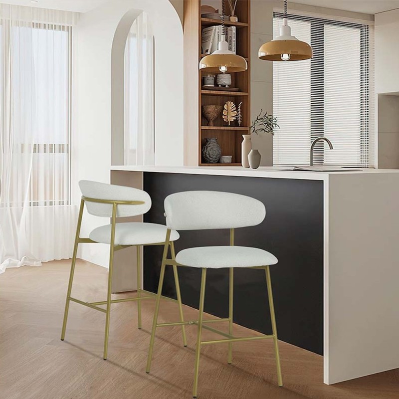 Scaun bar Tavira, metal, poliester, boucle, auriu/alb, H.104 cm, MIFU000081-WHGL