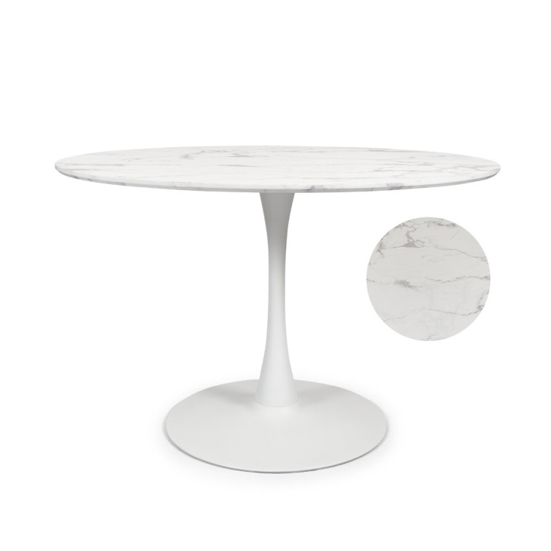 Masa dining Praga, metal, MDF melaminat, aspect marmura, alba, D.120 cm, MIFU000088-BKWH