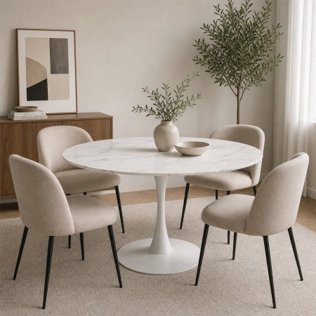 Masa dining Praga, metal, MDF melaminat, aspect marmura, alba, D.120 cm, MIFU000088-BKWH