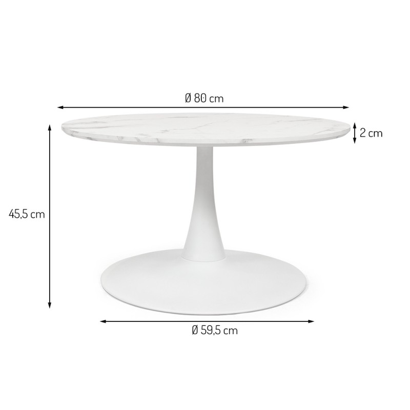 Masuta de cafea Praga, metal, MDF melaminat, aspect marmura, alba, D.80 cm, MIFU000089-BKWH
