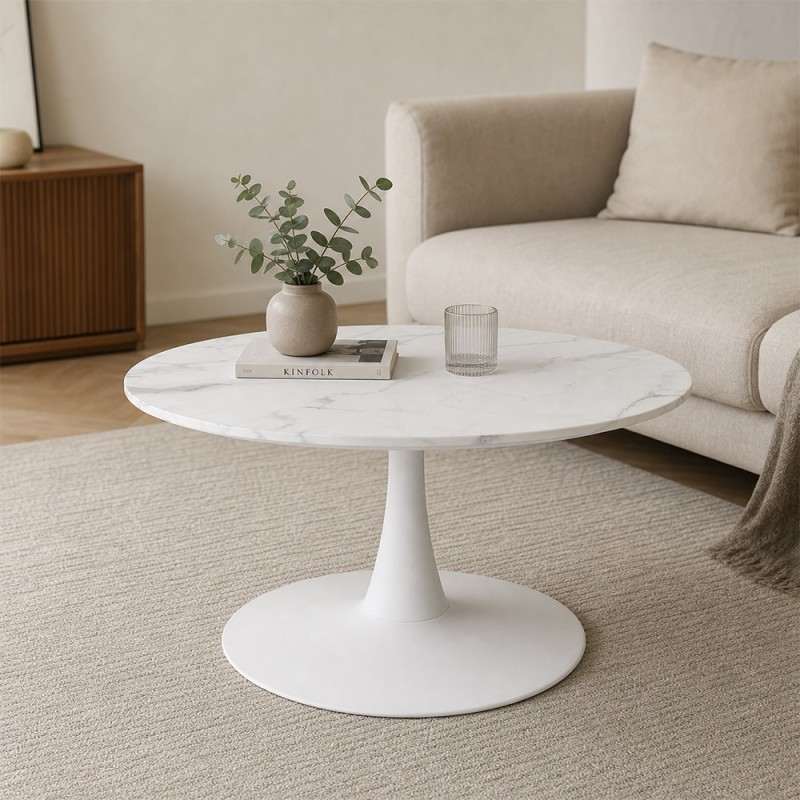 Masuta de cafea Praga, metal, MDF melaminat, aspect marmura, alba, D.80 cm, MIFU000089-BKWH