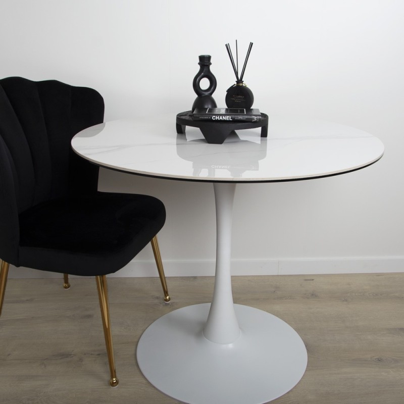 Masa dining Praga, metal, ceramica, sticla, alba, D.90 cm, MIFU000090-WH