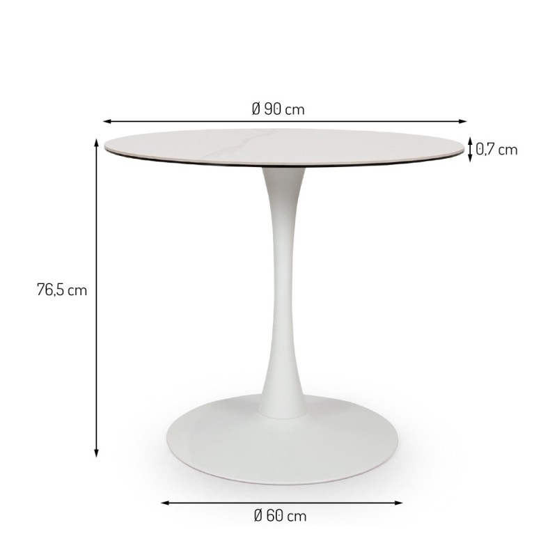 Masa dining Praga, metal, ceramica, sticla, alba, D.90 cm, MIFU000090-WH