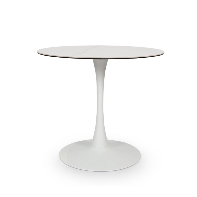 Masa dining Praga, metal, ceramica, sticla, alba, D.90 cm, MIFU000090-WH