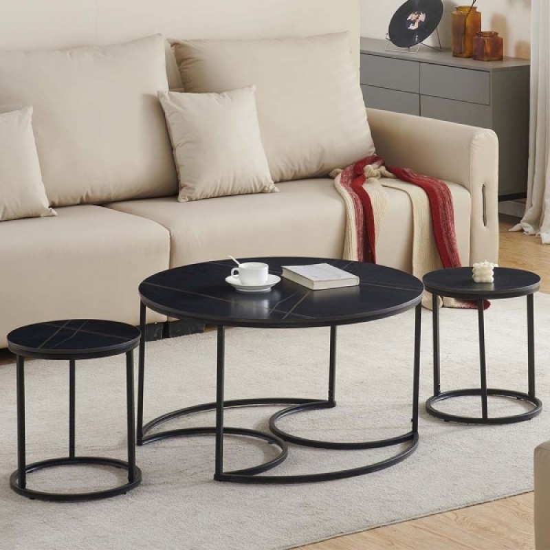 Set 3 masute de cafea Lamego, metal, ceramica, aspect marmura, negru, D.80 cm, MIFU000160-BK