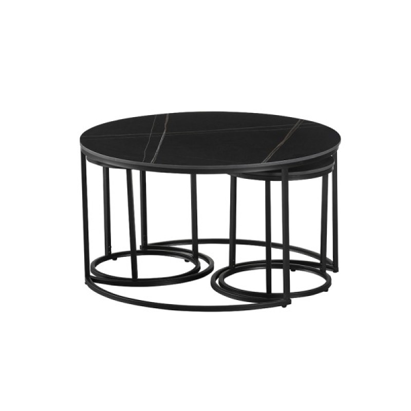 Set 3 masute de cafea Lamego, metal, ceramica, aspect marmura, negru, D.80 cm, MIFU000160-BK