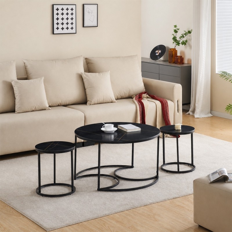 Set 3 masute de cafea Lamego, metal, ceramica, aspect marmura, negru, D.80 cm, MIFU000160-BK