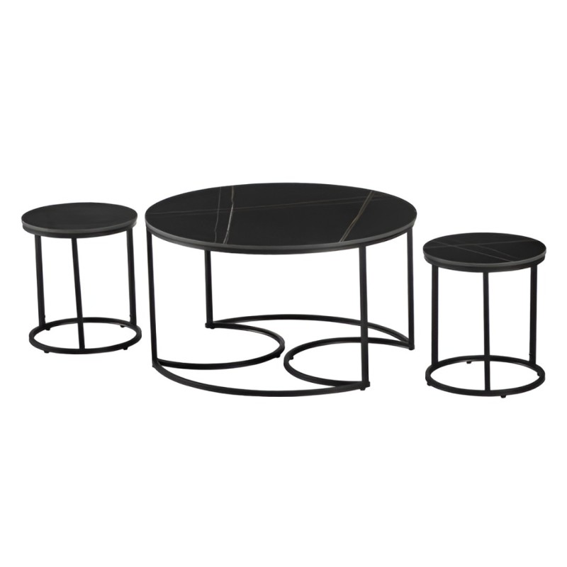 Set 3 masute de cafea Lamego, metal, ceramica, aspect marmura, negru, D.80 cm, MIFU000160-BK