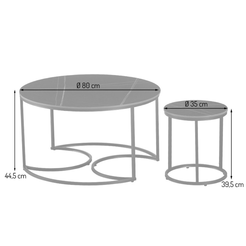 Set 3 masute de cafea Lamego, metal, ceramica, aspect marmura, negru/argintiu, D.80 cm, MIFU000160-BKSI