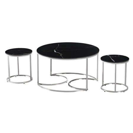 Set 3 masute de cafea Lamego, metal, ceramica, aspect marmura, negru/argintiu, D.80 cm, MIFU000160-BKSI