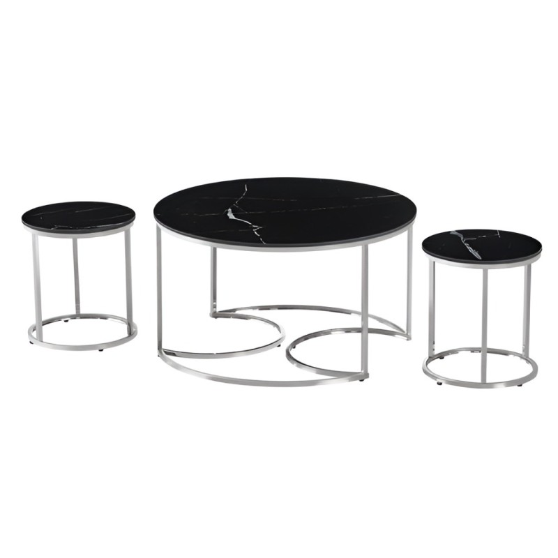 Set 3 masute de cafea Lamego, metal, ceramica, aspect marmura, negru/argintiu, D.80 cm, MIFU000160-BKSI