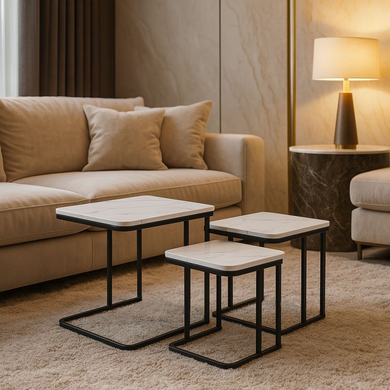 Set 3 masute laterale Borba, metal, MDF, aspect marmura, negru/alb, D.35/40/45 cm, MIFU000162-WH