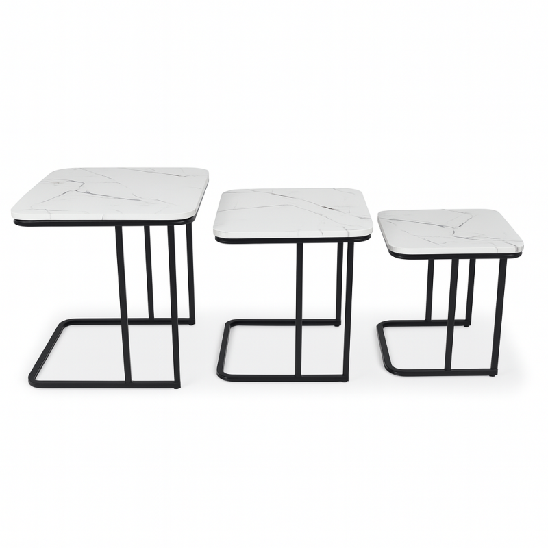 Set 3 masute laterale Borba, metal, MDF, aspect marmura, negru/alb, D.35/40/45 cm, MIFU000162-WH